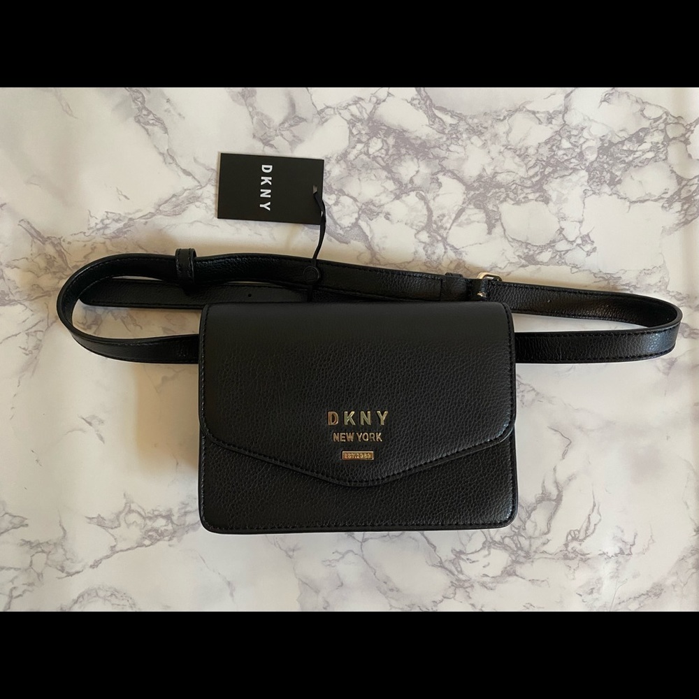 DKNY black leather fanny waist pack belt bag NWT